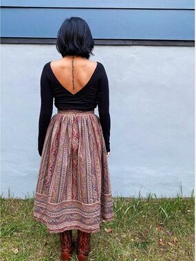 Simon Chang Paisley-Panel wool  Skirt in Burgundy and Tan so Ralph Lauren style